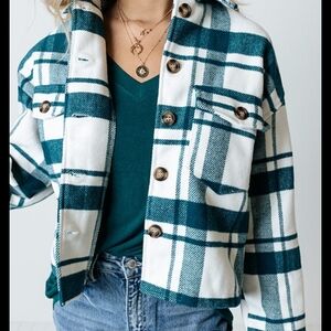Love Tree Teal and White Plaid Utility Jacket